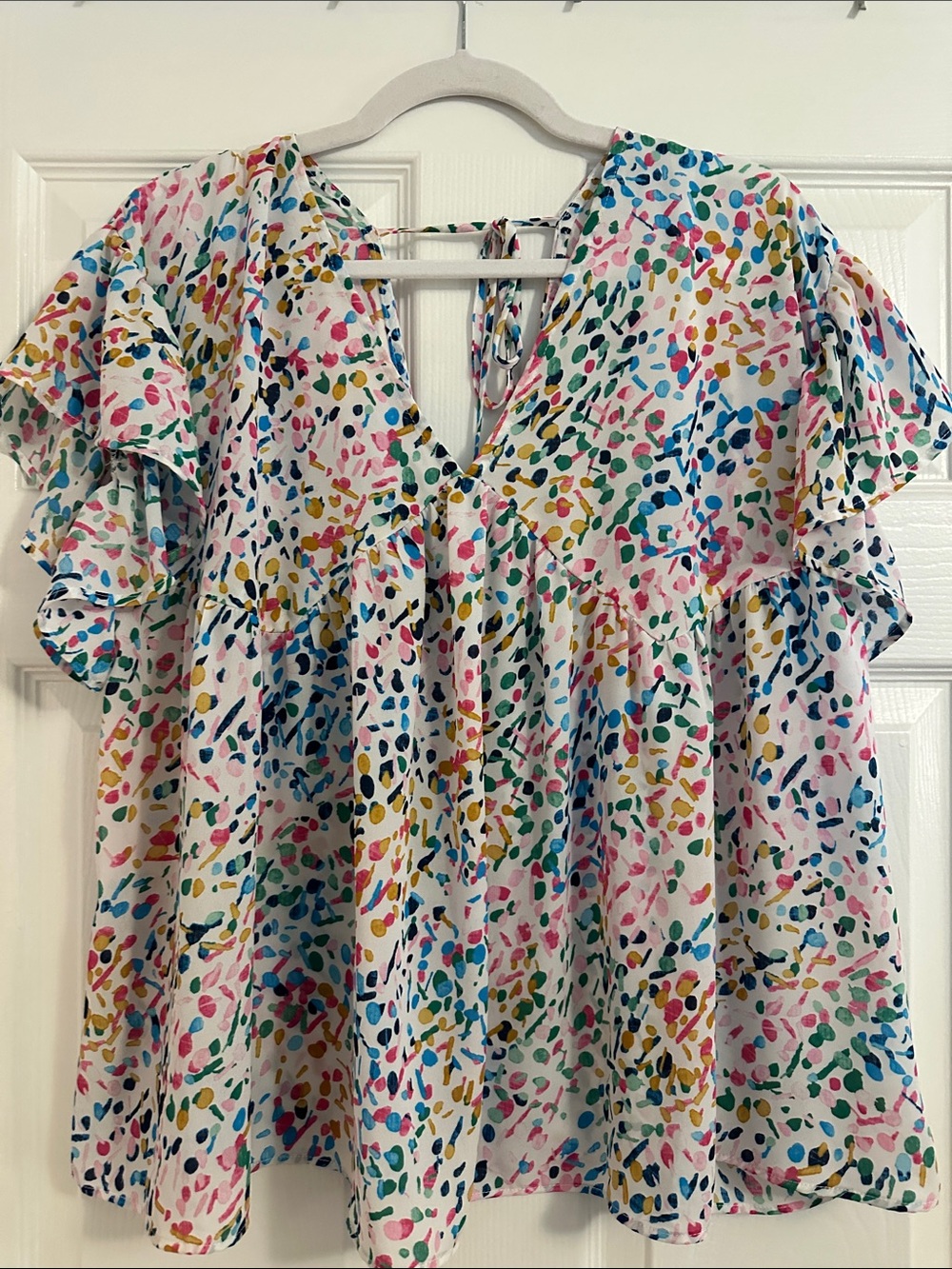 Caramela White Multi-Color Ruffled Flutter Sleeve V-Neck Blouse